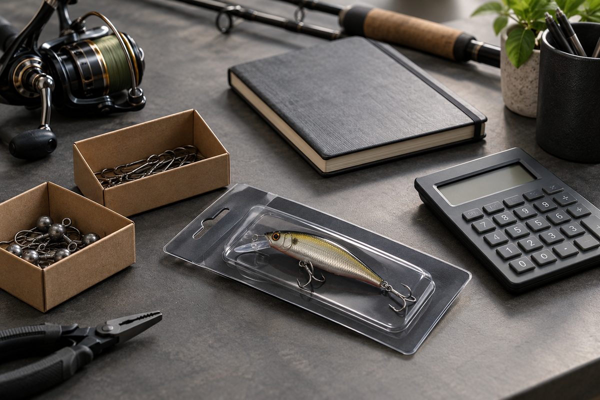 A fishing lure sample pack, plain sample boxes, notebook and calculator on a buying desk.