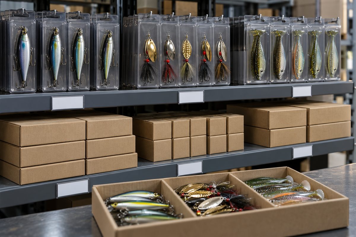 Plain fishing tackle packs and small cartons organized on shelves for inventory review.