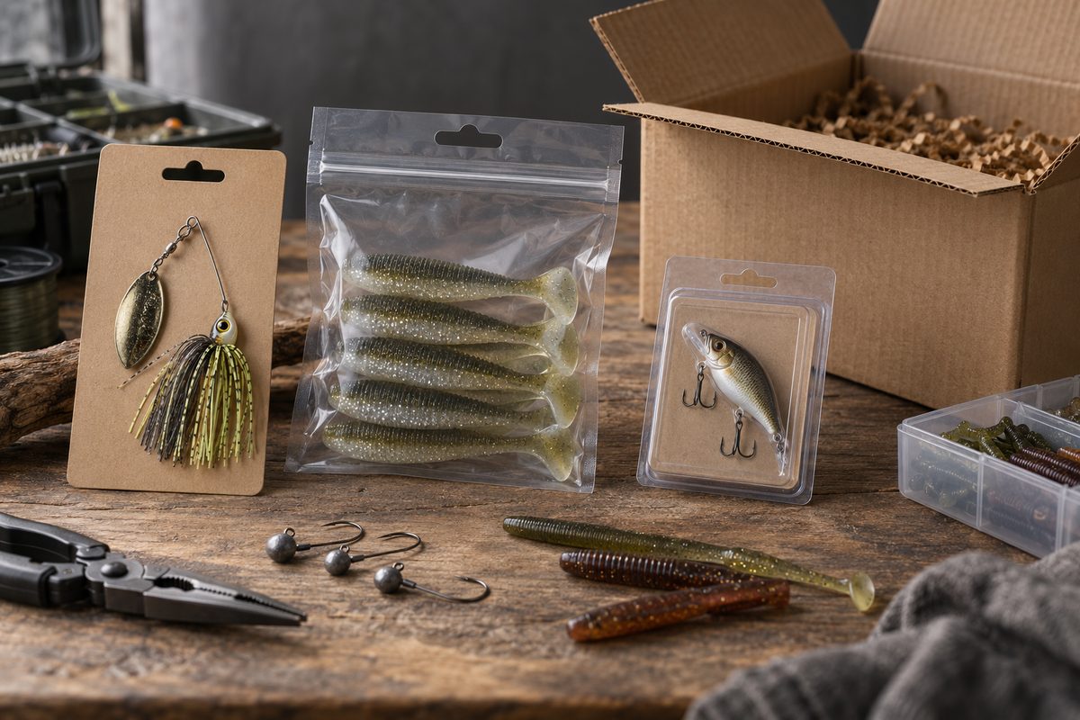 Unbranded fishing tackle in a pouch, blister pack and hang card beside a plain shipping carton.