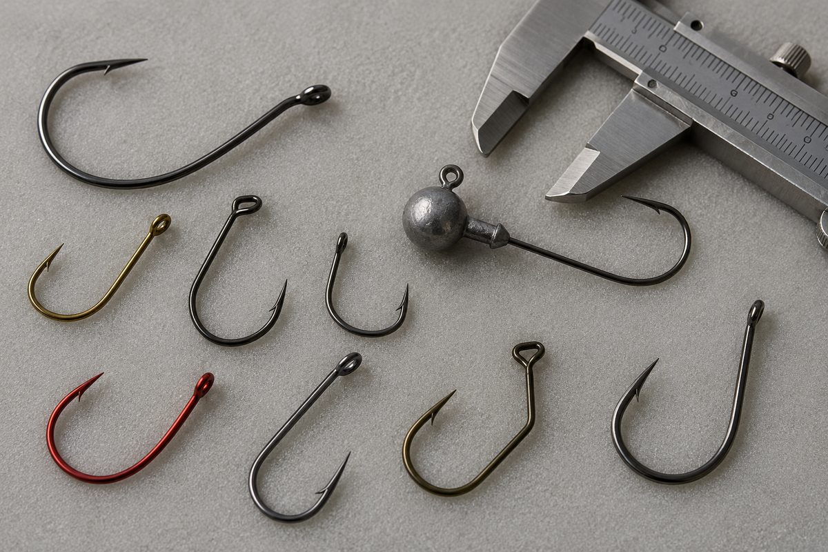 Unbranded single hooks and a jighead arranged on a neutral inspection surface beside a caliper.
