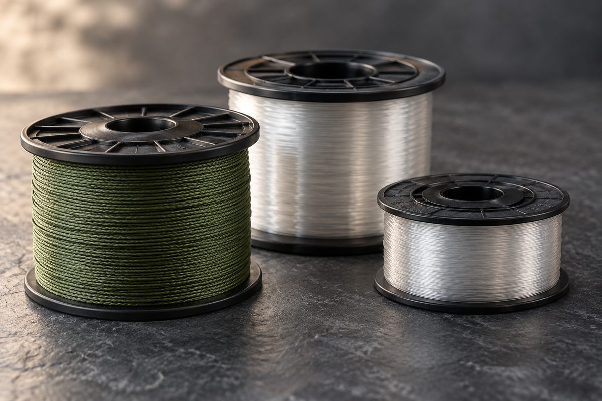 Three unbranded spools showing green braided line and clear fishing lines on a grey tabletop.