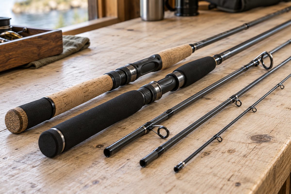 Unbranded fishing rod handles and separate graphite sections arranged on a wooden workbench.