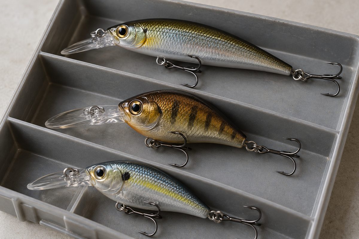 Three unbranded hard fishing lures with different body shapes and diving lips in a divided tray.