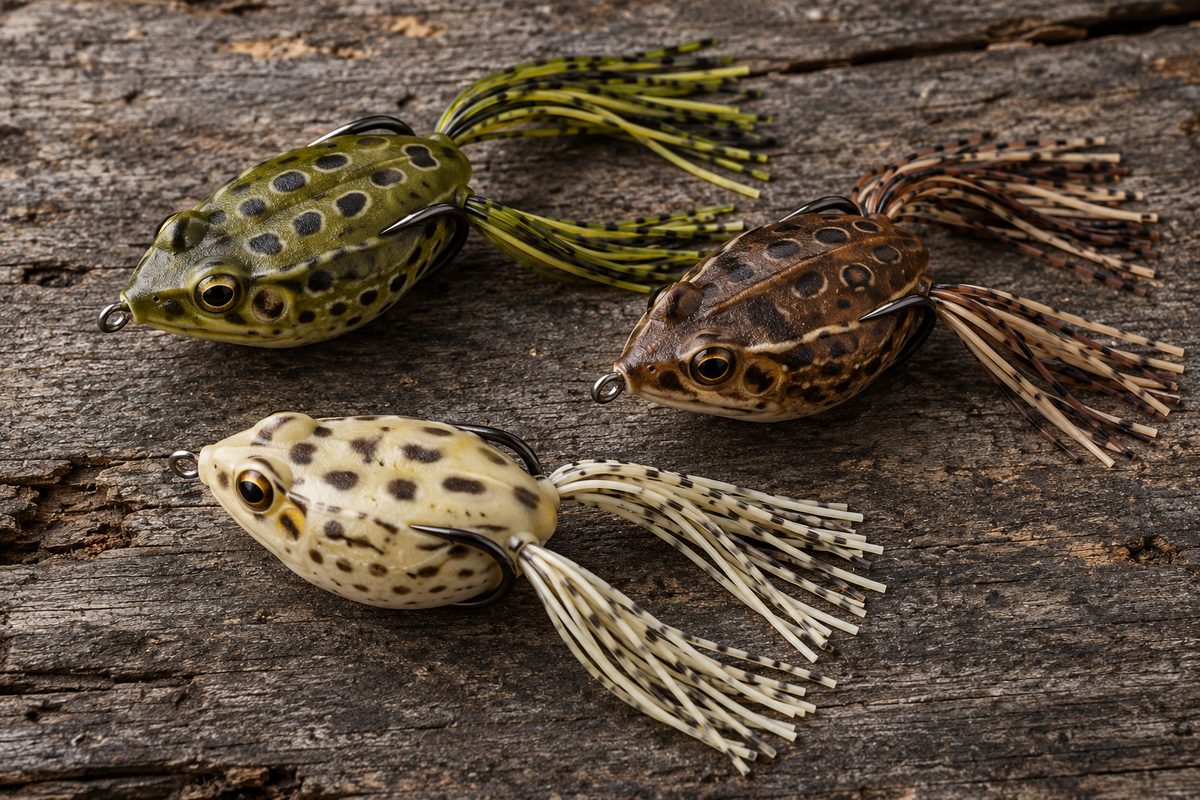 Three unbranded hollow body frog lures with skirt legs arranged on weathered wood.