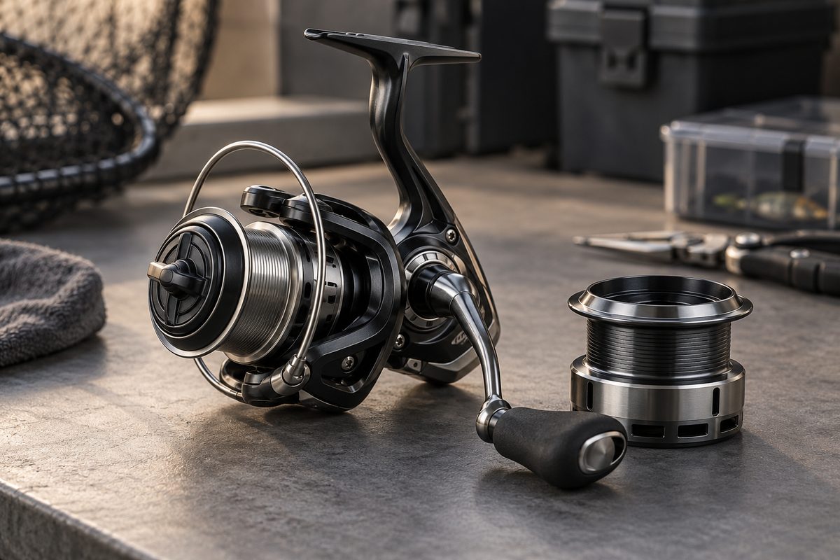 An unbranded black and silver spinning reel beside a spare spool on a grey workbench.