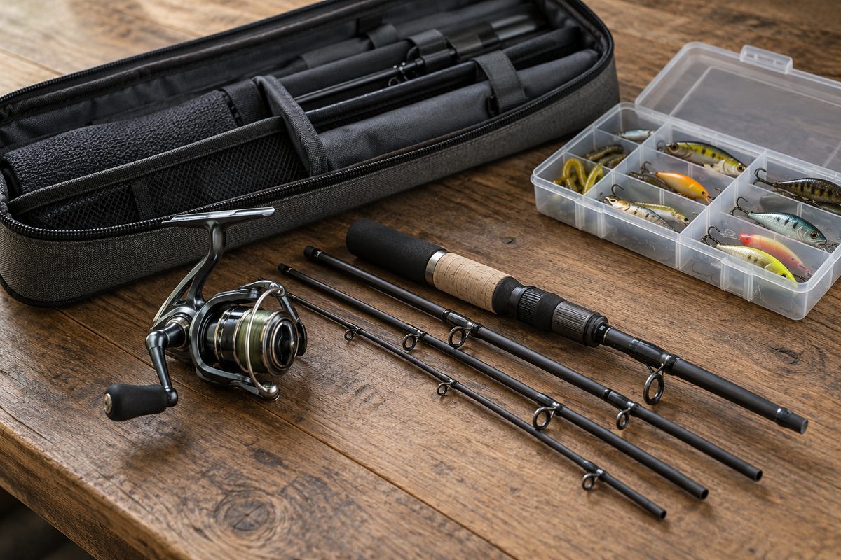 A compact spinning reel, separate travel rod sections, fabric case and small lure box on a wooden table.