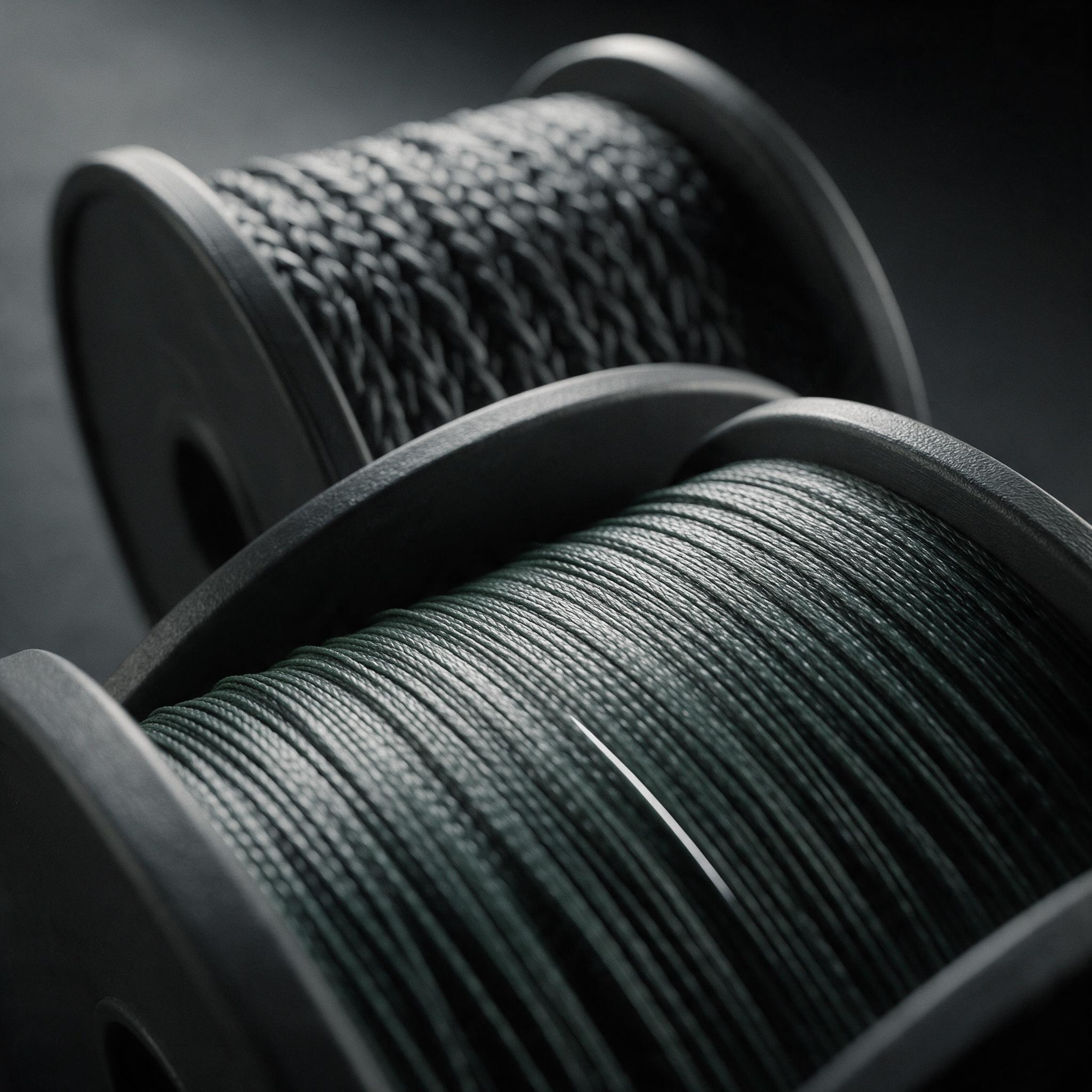 Two spools of braided fishing line, the near braid in sharp focus showing its weave