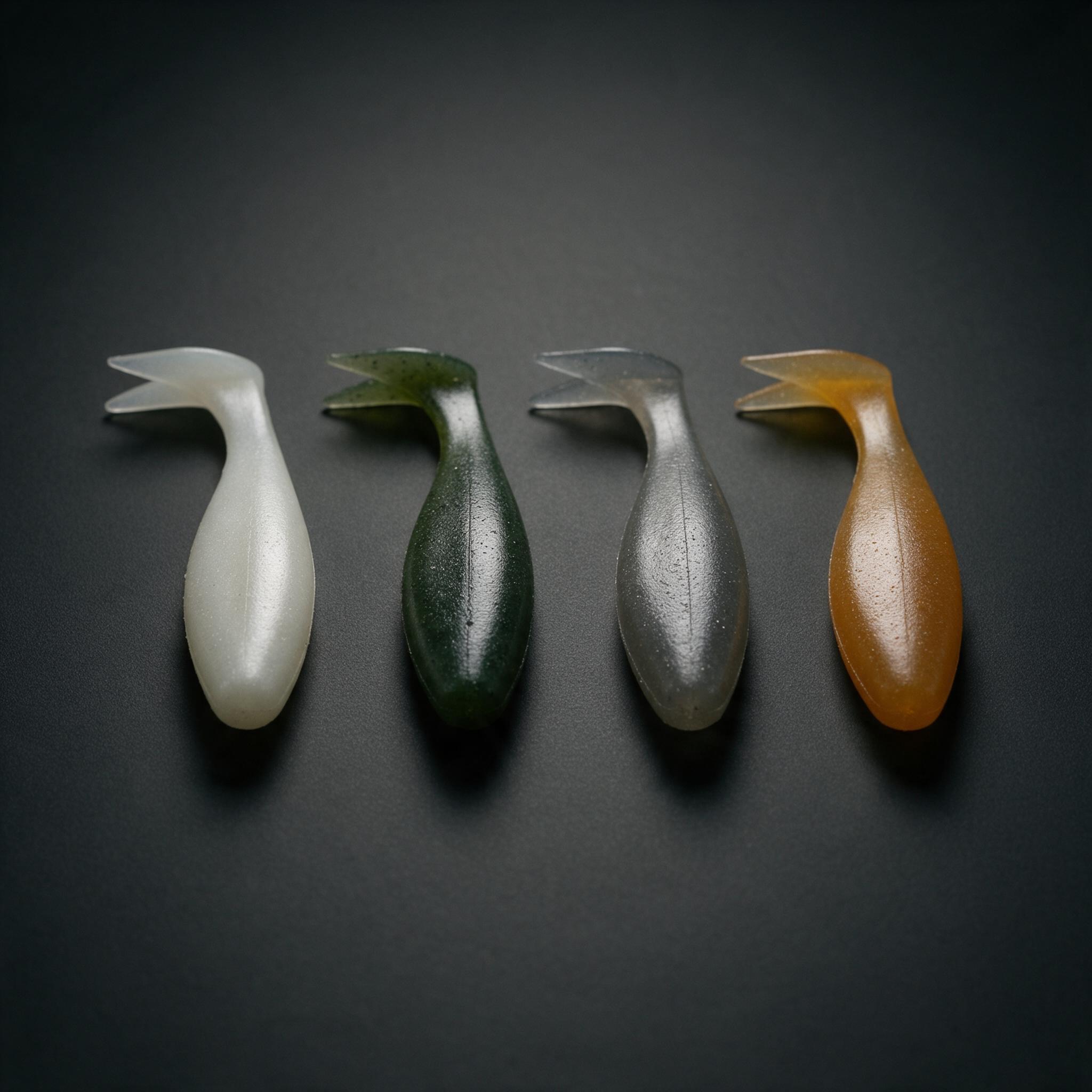 Four identical paddle tail swimbaits in four different colours in a row