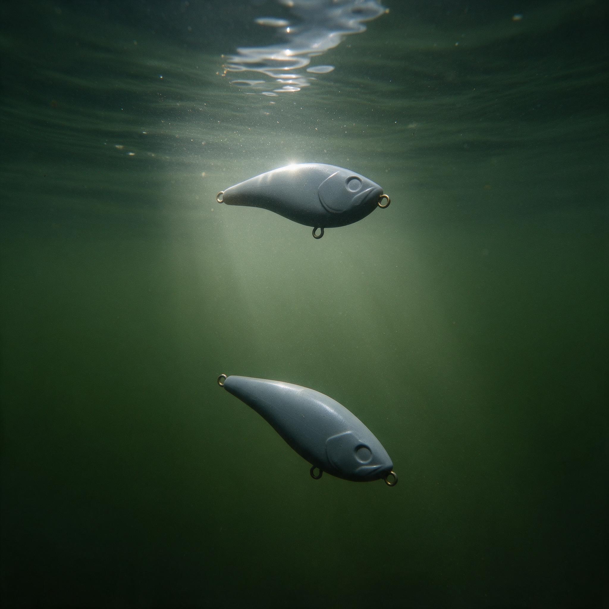 Two identical crankbait bodies suspended at different depths in clear water