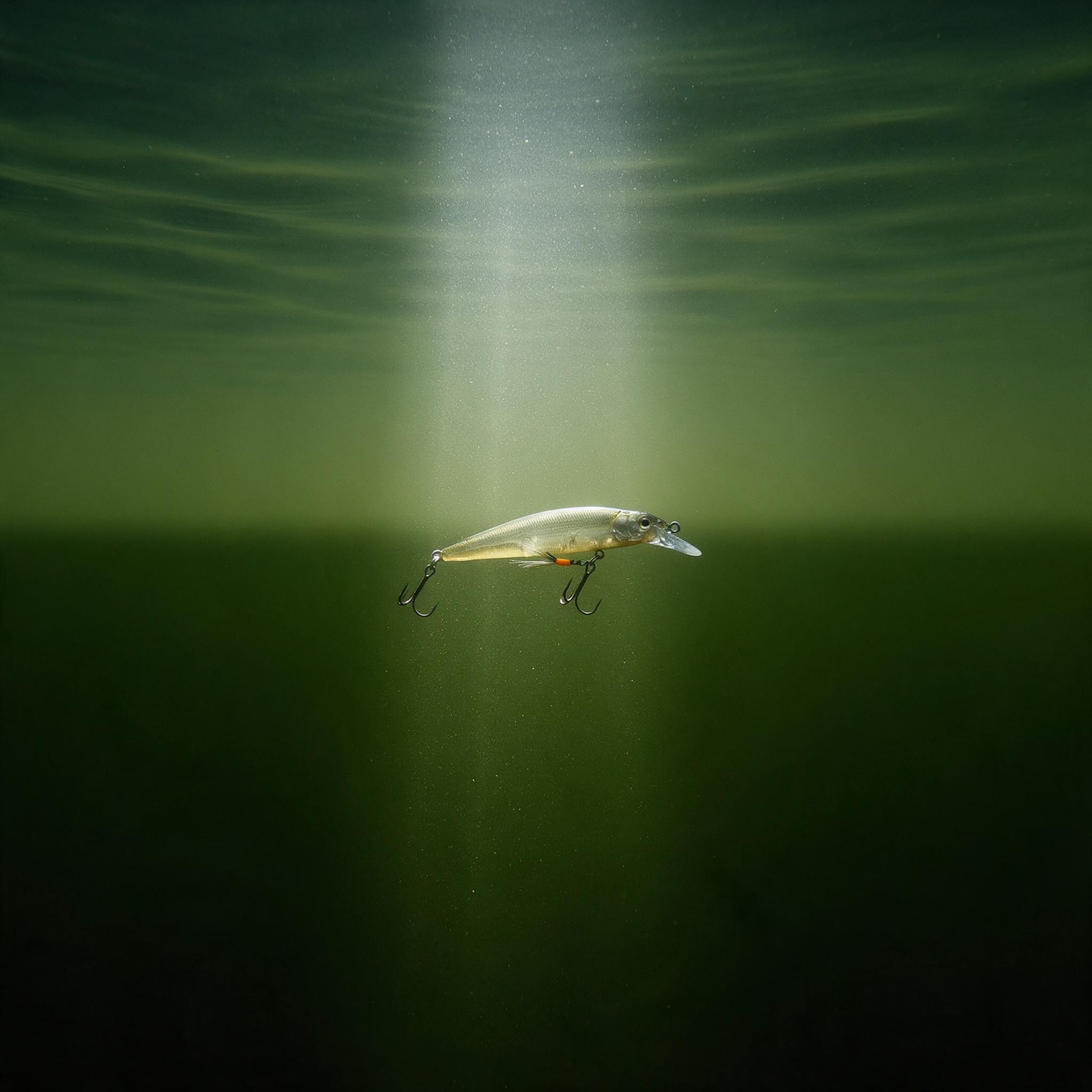 A silver minnow lure suspended in clear water at the boundary where surface light begins to fall away