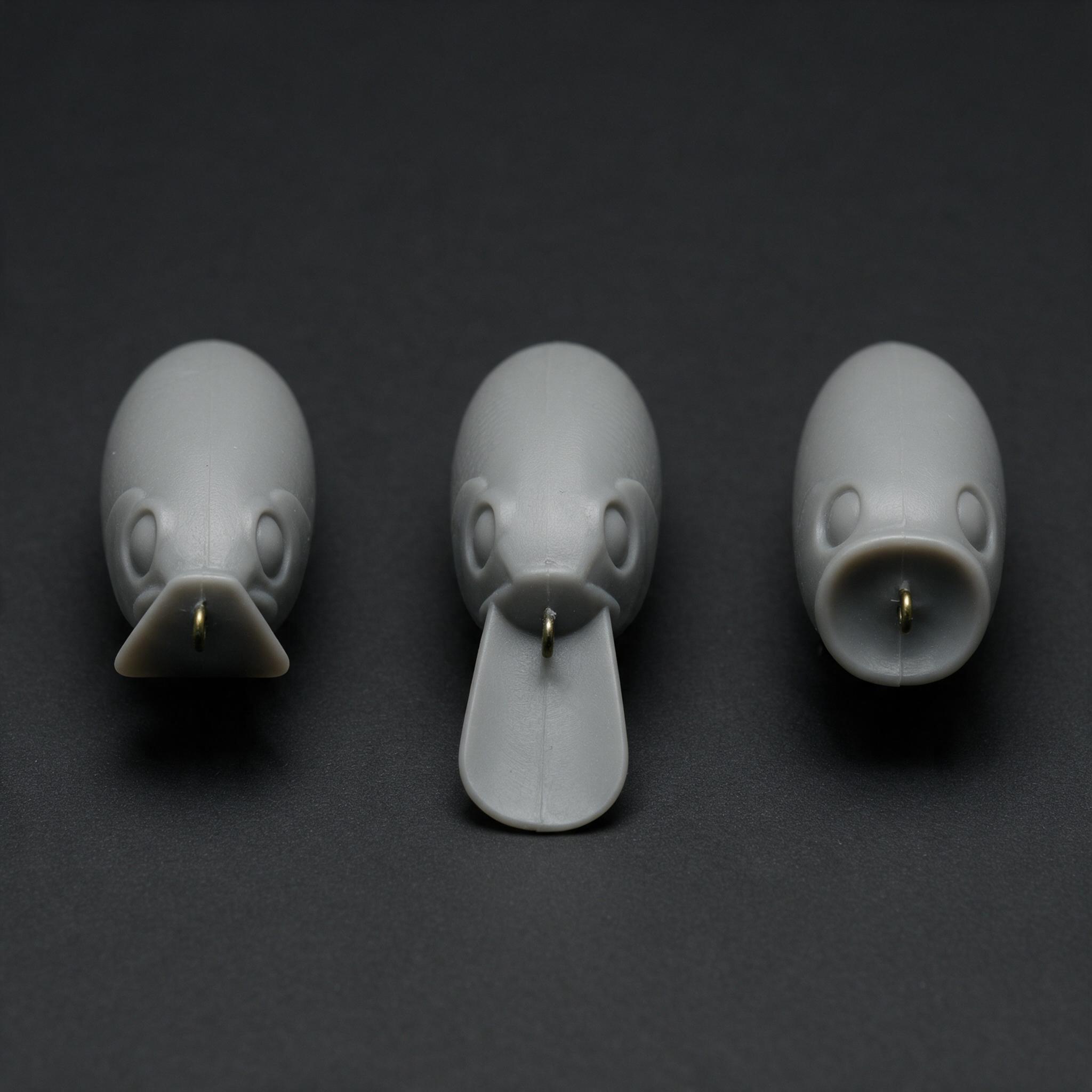 Three identical hard lure body blanks with clearly different bills, one short and steep, one long and angled down, one cupped with no bill