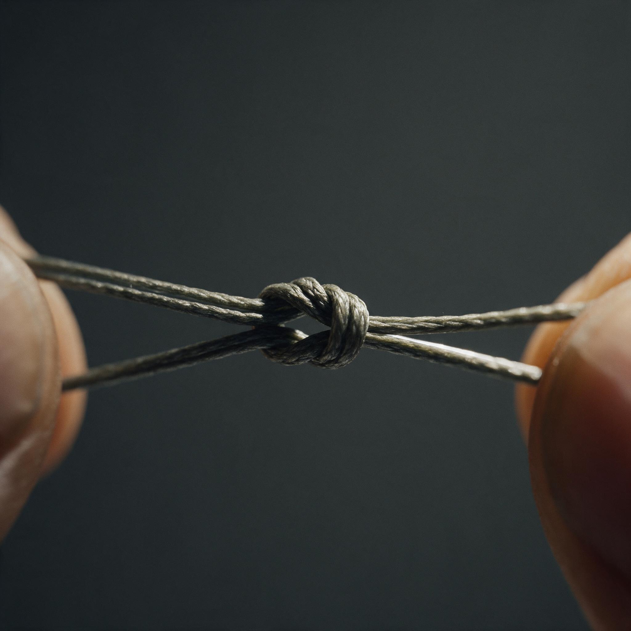 A knot tied in braided fishing line, photographed in macro under tension