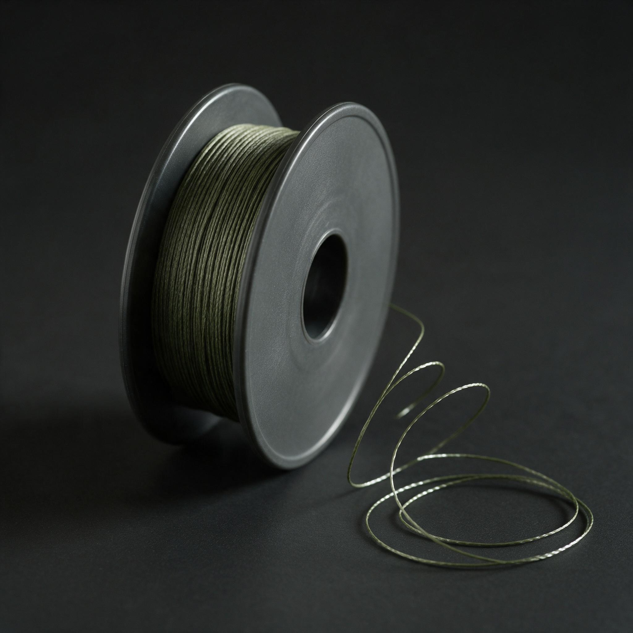 A spool of braided line with the line pulled off forming a visible twist and coil