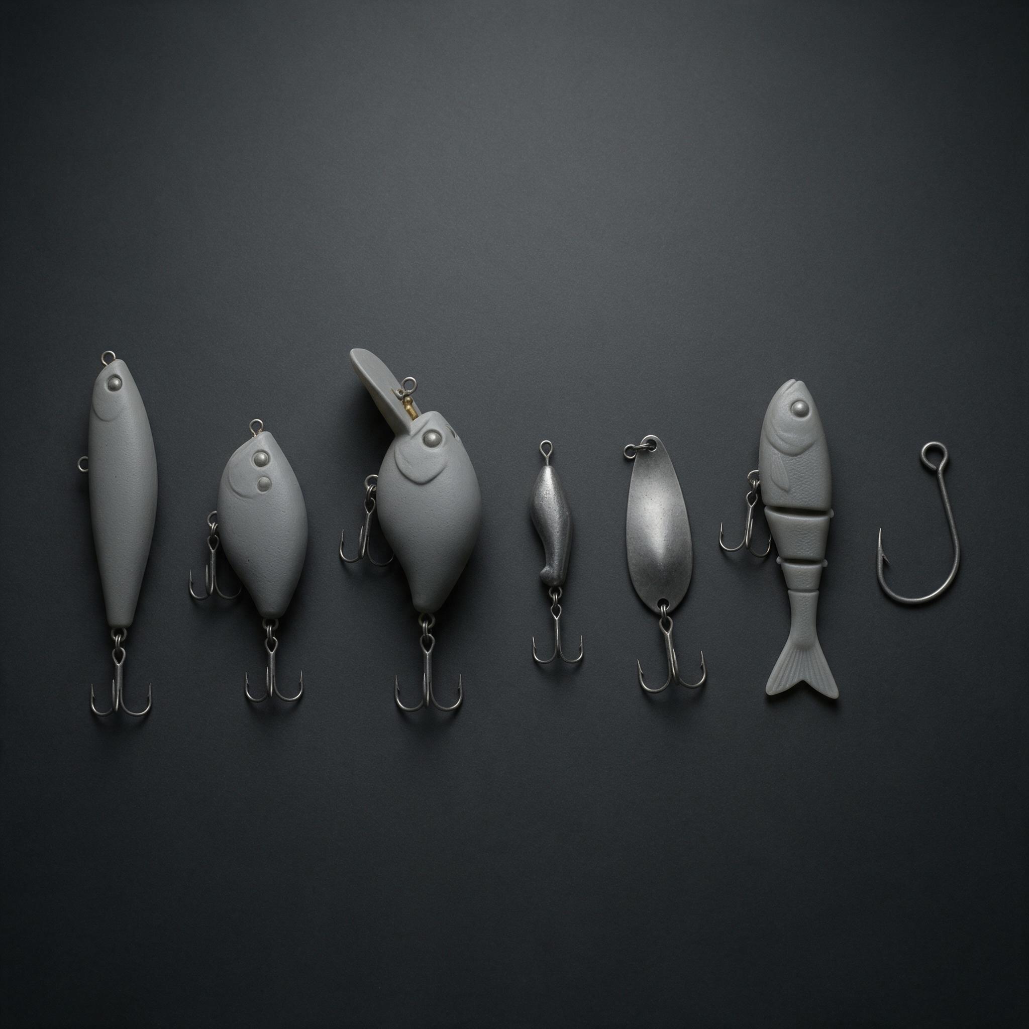 Seven lure types laid out in a row at the same scale, a minnow, a vibration bait, a crankbait, a metal jig, a spoon, a soft swimbait and a bare hook
