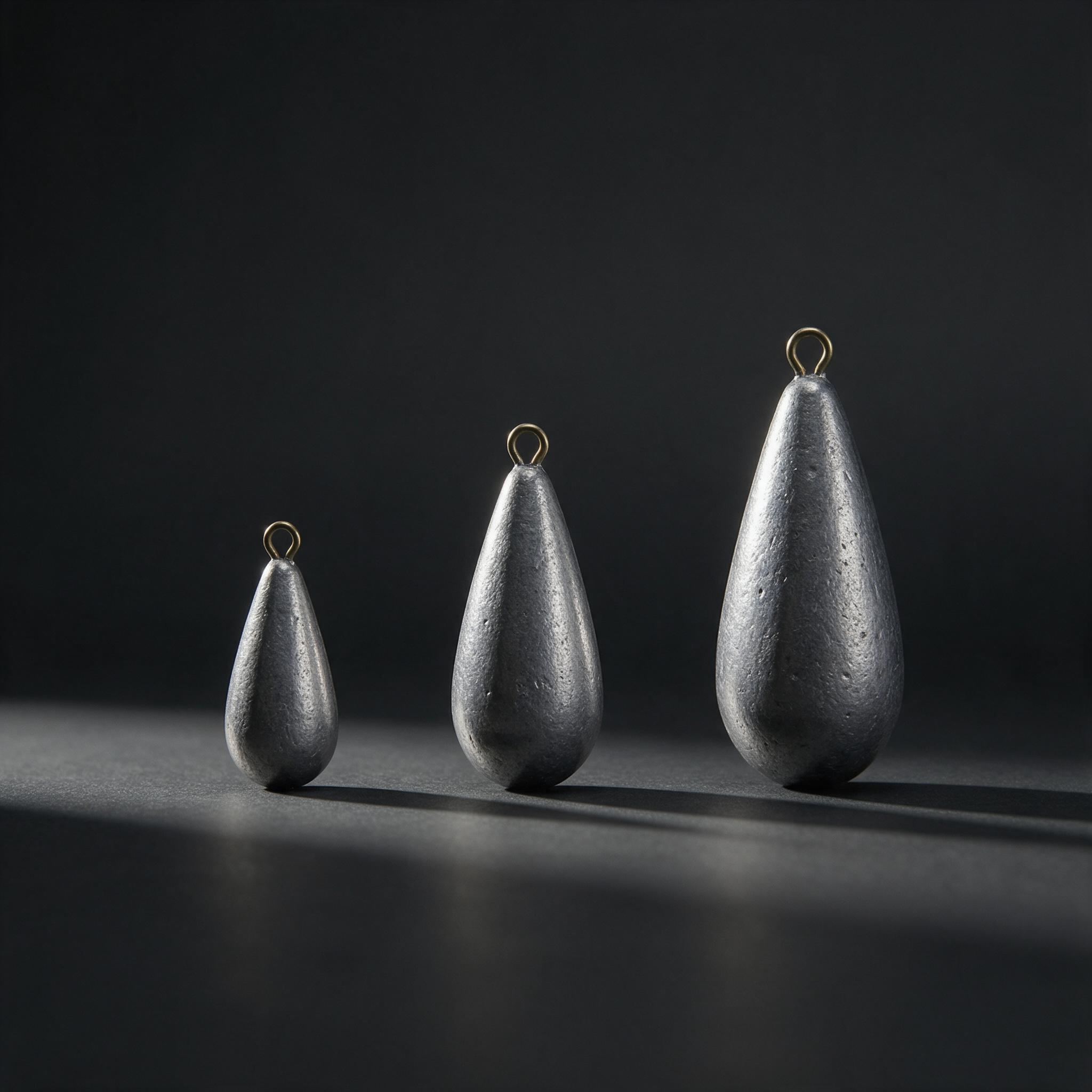 Three bare lead metal jigs of clearly different sizes in a row