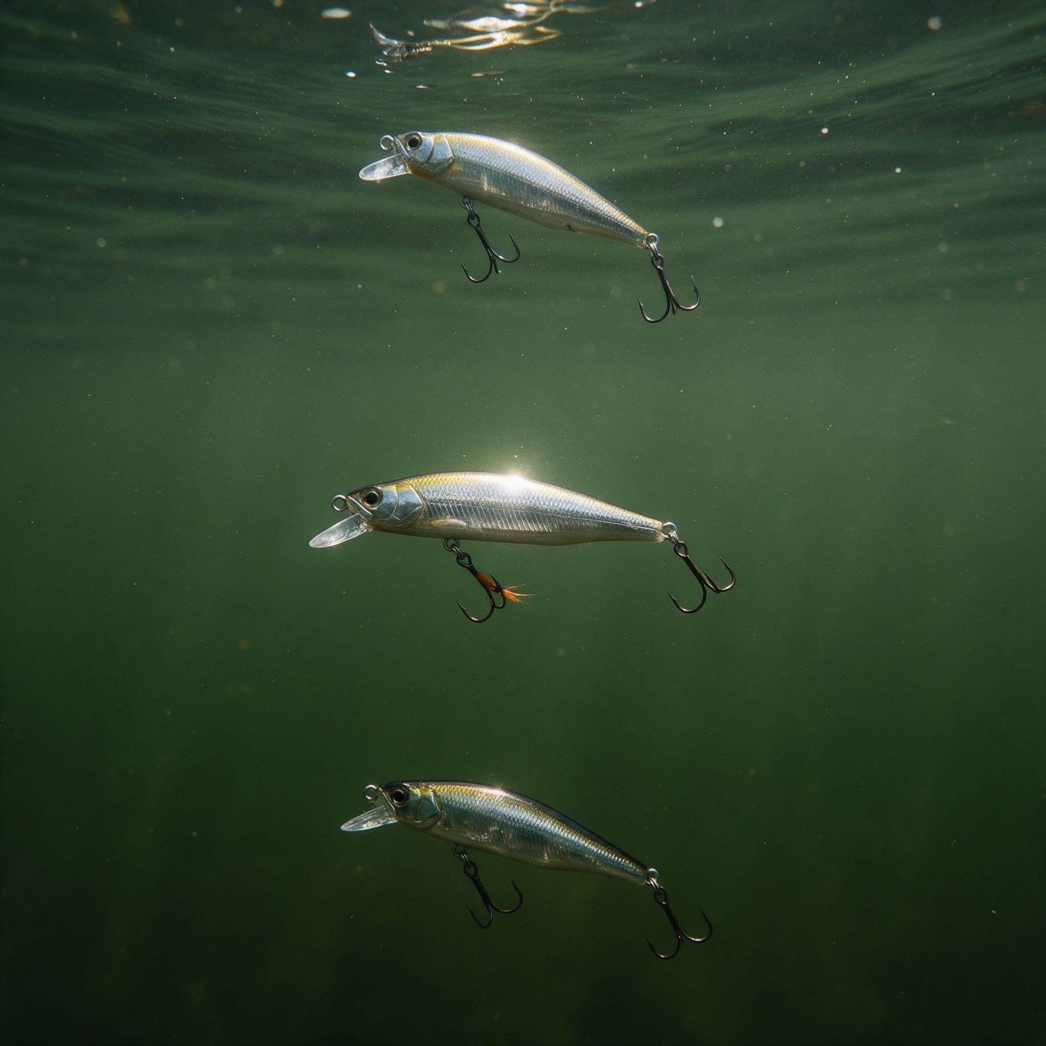 Three identical minnow lures suspended at three different depths in clear water