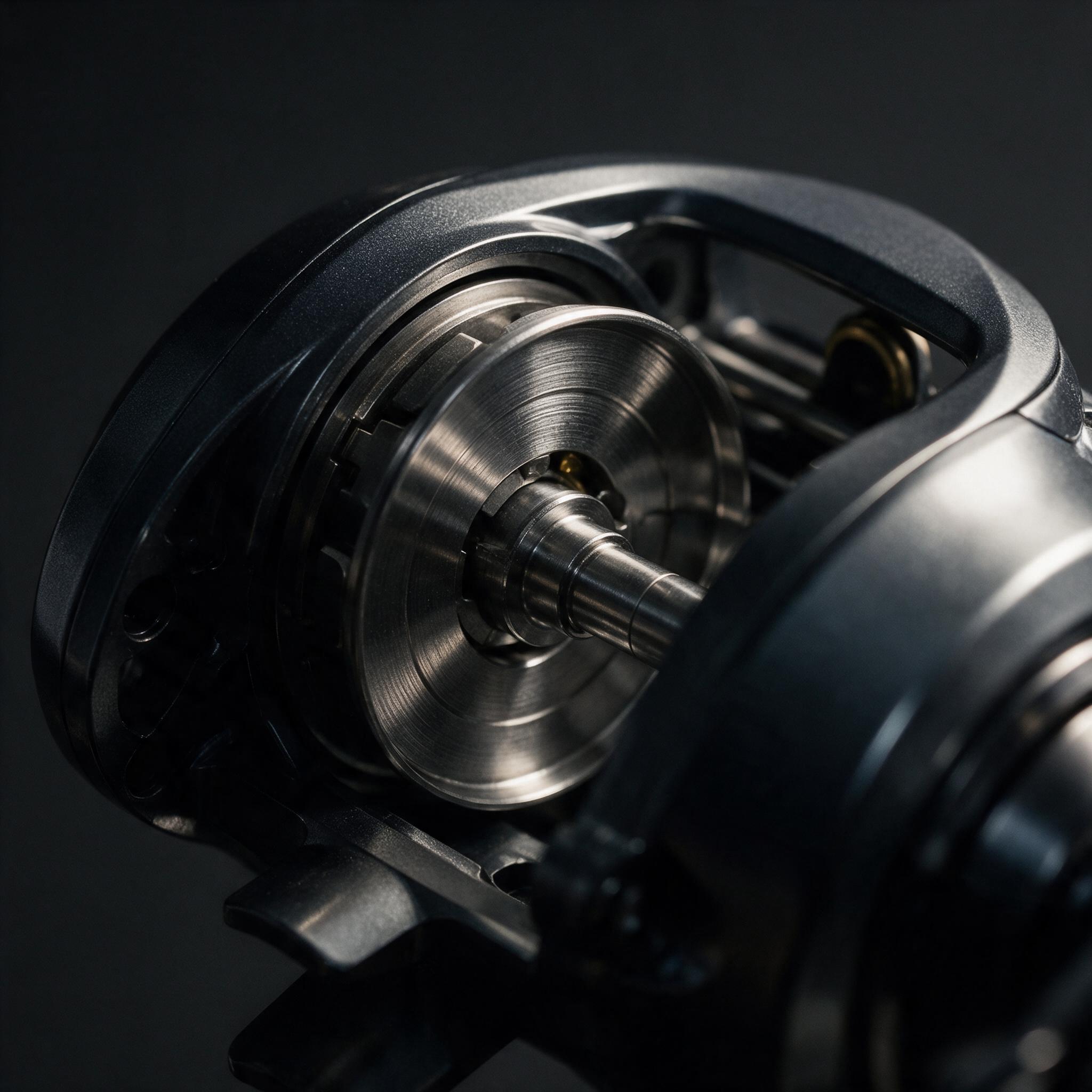 A baitcasting reel with the side plate removed showing the machined spool and its clearances
