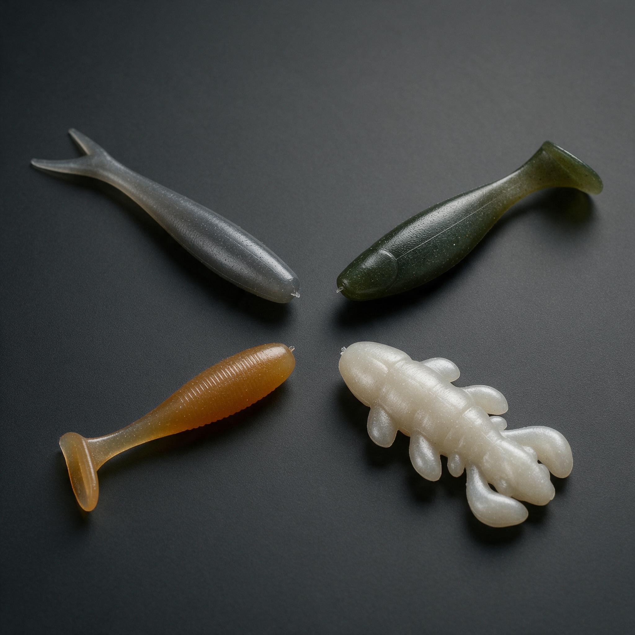 Four different soft plastic lure forms arranged in a grid, a fork-tail worm, a paddle tail, a T-tail grub and a creature bait