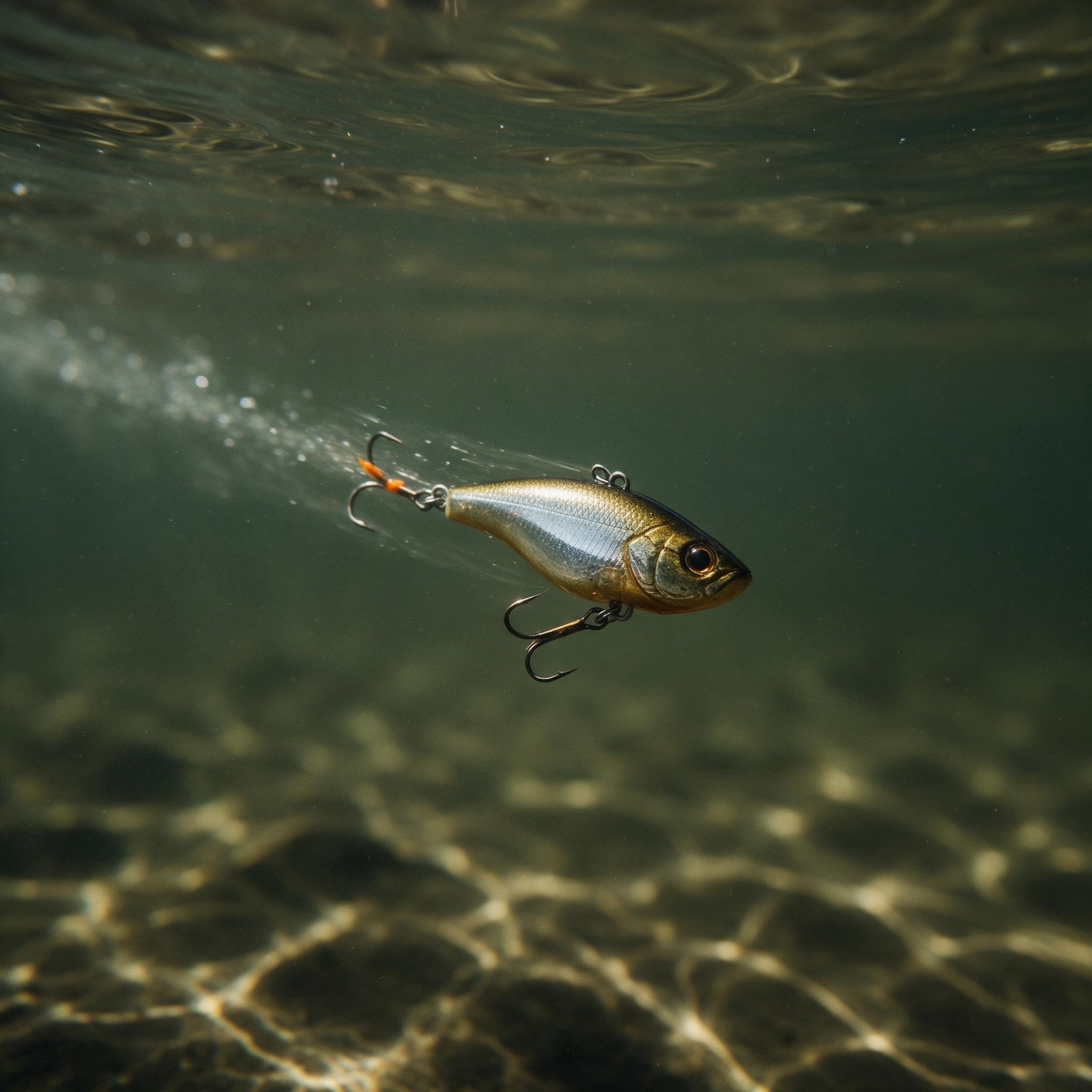 A vibration bait suspended underwater, caught mid-oscillation with a cavitation trail behind it