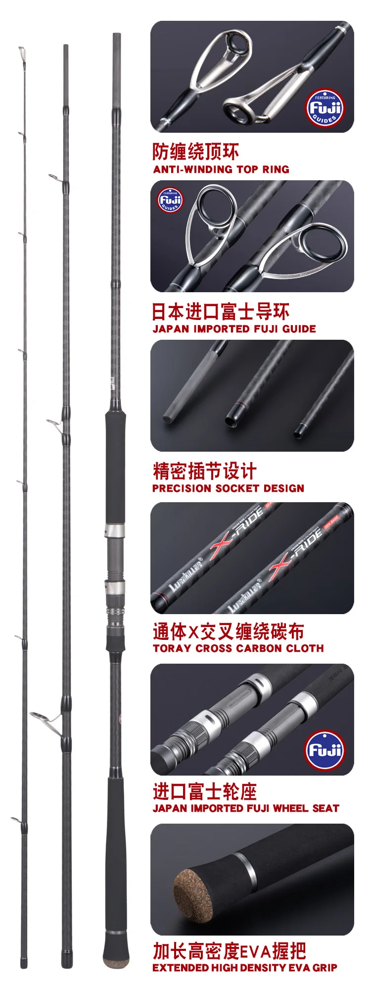 Lurekiller FUJI Parts 3 Section Sea Carbon Competition Rod - view 9