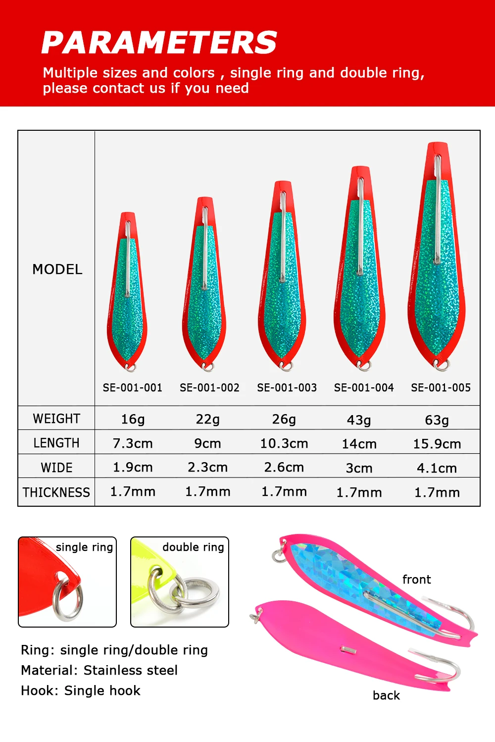 Single Double Hooks 16g 22g 26g 43g 63g Metal Baits Fishing Lure ABS Pencil Lure - view 6