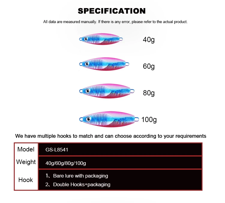 Guosong Metal Jigs 40/60/80/100g Double Hooks Jig Baited Lure ABS Pencil Lure - view 14