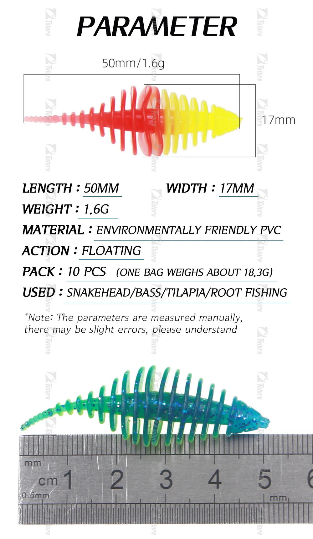 CHEERY 10 / 50 mm 1.6 g PVC Soft Worm Plastic Fishing Bait for 、 ABS Pencil Lure - view 1