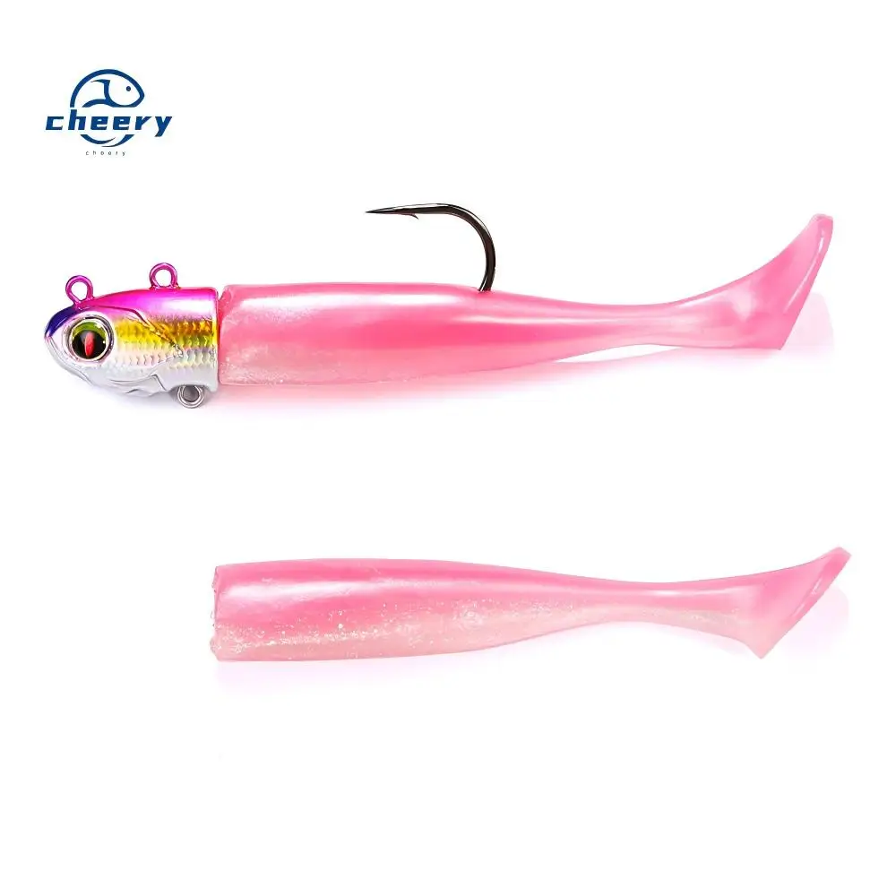CHEERY Lead Sea Fishing Jig Head Hook + T-Tail Soft Bait Set Worm