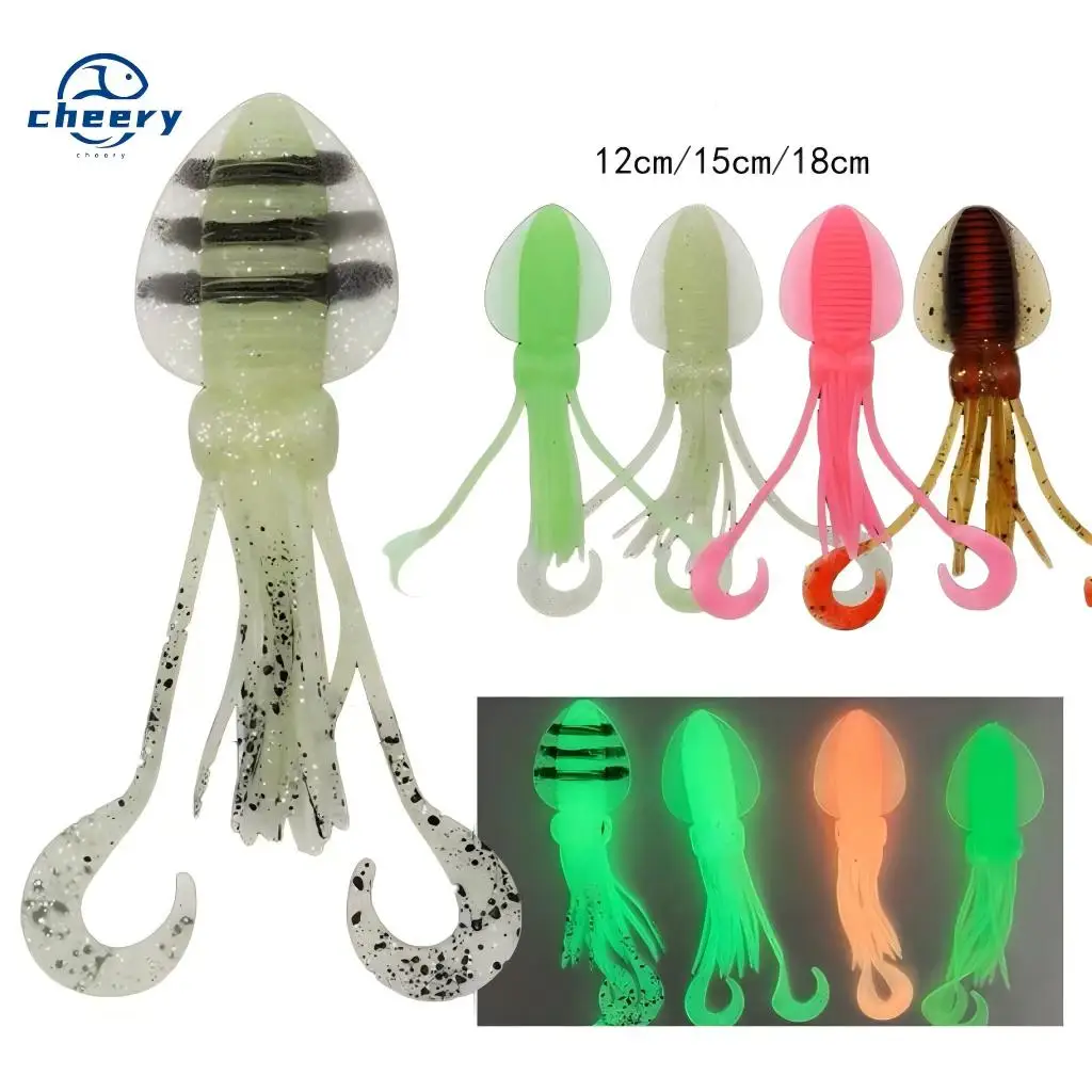 CHEERY 12cm 15cm 18cm PVC Luminous Squid Fishing Bait Tuna Sea